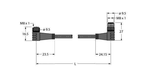 Rysunek techniczny złącza M8 z wymiarami: średnica 9,5 mm, długości 23,5 mm i 24,15 mm, gwint M8 x 1.
