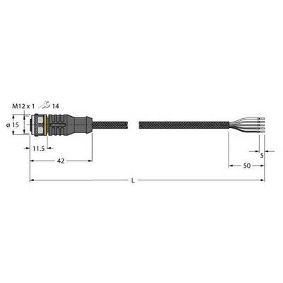 Rysunek techniczny wtyczki M12 z wymiarami: długość całkowita (L) nieokreślona, wtyczka 42 mm, kabel 50 mm, średnica 15 mm.