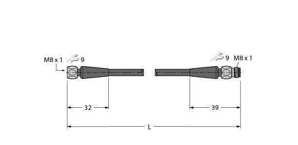 Schemat złącza przewodowego z kluczami śrubowymi M8 x 1 i 9 mm. Przedstawione wymiary długości: 32 mm i 39 mm.