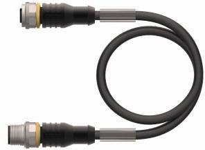 Czarny kabel z dwoma metalowymi wtykami, po jednym na każdym końcu. Kabel tworzy pętlę w środku.