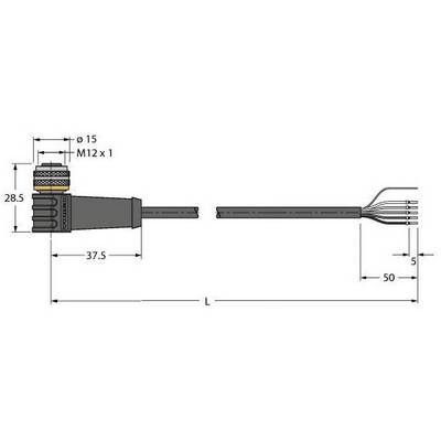 Diagram złącza: Po lewej wtyk M12, po prawej sześć odkrytych końcówek przewodów. Wymiary: 28,5mm, 37,5mm, 5mm, 50mm, całkowita długość L.