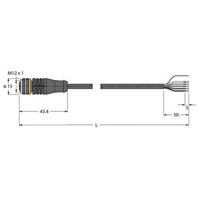 Rysunek techniczny złącza M12 x 1 z wymiarami: średnica 15 mm, długość złącza 45,4 mm, końcówki kabla 50 mm.