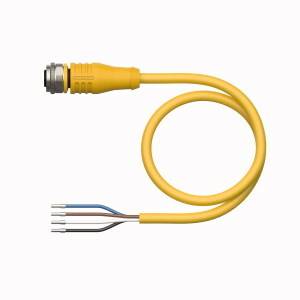 Żółty kabel z wtyczką po jednej stronie i czterema nieosłoniętymi końcówkami przewodów po stronie przeciwnej, przedstawiony na białym tle.