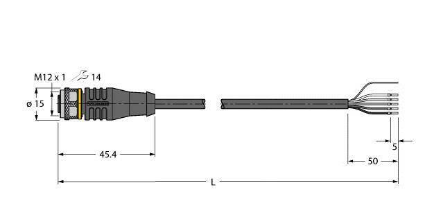 Rysunek techniczny cylindrycznego złącza wtykowego z wymiarami: gwint M12 x 1, długość 45,4 mm, średnica kabla 5 mm.