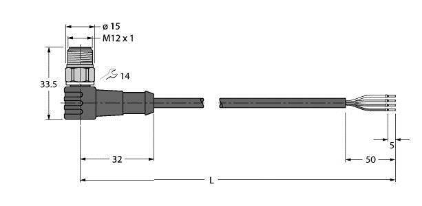Rysunek techniczny złącza z przewodem: wymiary 32 mm (wtyk), 50 mm (odcinek przewodu). Szczegółowe wymiary: ⌀15 mm, gwint M12 x 1.