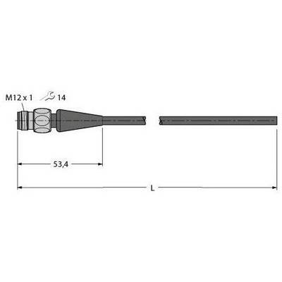 Złącze M12 x 1 o rozmiarze gwintu 14. Całkowita długość 'L'. Długość do wejścia kabla 53,4 mm.