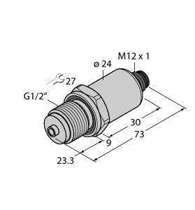 Rysunek techniczny cylindrycznego czujnika z wymiarami: całkowita długość 73 mm, średnica gwintu G1/2", złącze wtykowe M12 x 1.
