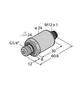 Rysunek techniczny cylindrycznego adaptera wtykowego z gwintem M12x1 i G1/4". Wymiary: długość 60,8 mm, średnica 24 mm.