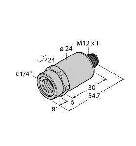 Rysunek techniczny elementu cylindrycznego, wymiary 54,7 mm długości i Ø 24 mm. Gwint M12 x 1 oraz G1/4''.