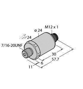 Rysunek techniczny elementu cylindrycznego z gwintami M12 x 1 oraz 7/16-20UNF. Wymiary: długość 57,7 mm, średnica 24 mm.