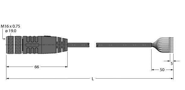 Rysunek techniczny złącza elektrycznego z wymiarami. Po lewej złącze o długości 66 mm, po prawej przewód wielożyłowy. Oznaczenia: 'M16 x 0,75' oraz 'ø 19,0'.