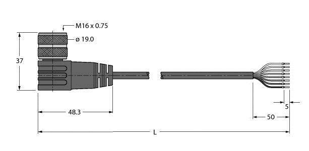 Rysunek techniczny złącza: Gwint M16 x 0,75, średnica 19 mm, długość 48,3 mm, długość przewodu 'L', 5 styków, rozstaw 5 mm.