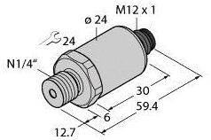 Rysunek techniczny elementu cylindrycznego o następujących parametrach: średnica 24 mm, długość 59,4 mm, gwint 1/4", M12 x 1.