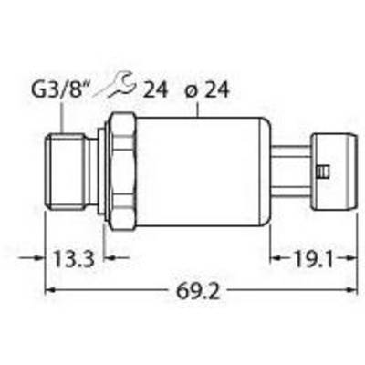 Rysunek techniczny cylindrycznego adaptera z wymiarami: długość całkowita 69,2 mm, średnica 24 mm, przyłącze G3/8''.