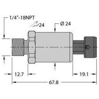 Rysunek techniczny czujnika ciśnienia z gwintem przyłączeniowym 1/4"-18NPT. Długość: 67,8 mm, średnica: 24 mm. Z wymiarami i rozmiarem klucza 24.
