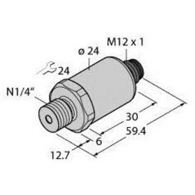 Rysunek techniczny elementu cylindrycznego z gwintem M12 x 1 oraz N1/4'', o całkowitej długości 59,4 mm i średnicy 24 mm.