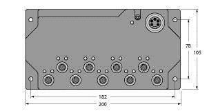 Rysunek techniczny prostokątnego urządzenia z wieloma okrągłymi złączami o wymiarach: szerokość 200 mm, wysokość 105 mm.