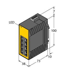 Urządzenie elektroniczne z sześcioma portami, wyświetlaczem LED i wymiarami: 100 mm wysokości, 73 mm głębokości, 38 mm szerokości. Powierzchnia zewnętrzna w kolorze żółtym i szarym.