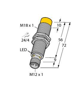 Diagram cylindrycznego czujnika z wskaźnikiem LED, wymiary w milimetrach: M18 x 1 góra, M12 x 1 dół, całkowita długość 72 mm.
