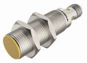 Cylindryczny czujnik z gwintem i żółtą nakładką, odpowiedni do zastosowań przemysłowych.