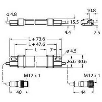 Rysunek techniczny cylindrycznego czujnika o wymiarach: długość 73,6 mm i 47,6 mm. Złącza boczne z gwintem M12 x 1.