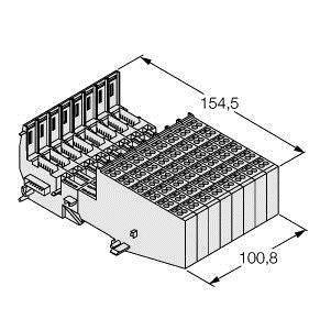 Rysunek techniczny złącza elektronicznego o wymiarach 154,5 mm i 100,8 mm, przedstawiający rzędy złączy i pinów.