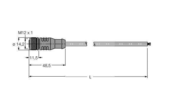Rysunek techniczny złącza M12 z wymiarami: długość całkowita 48,5 mm, średnica 14,2 mm.