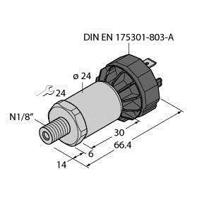 Rysunek techniczny wtyczki gwintowanej DIN EN 175301-803-A z wymiarami: średnica 24 mm, długość całkowita 66,4 mm, N1/8".