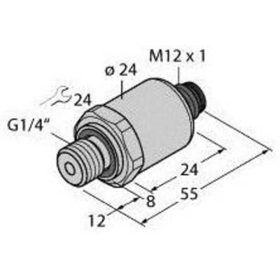 Rysunek techniczny cylindrycznego adaptera. Wymiary: 55 mm długości, 24 mm średnicy. Gwint: M12 x 1 oraz G1/4''.