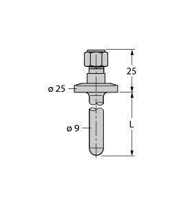 Rysunek techniczny śruby z nakrętką. Nakrętka u góry o średnicy 25 mm, poniżej śruba o średnicy 9 mm. Wysokość 25 mm.