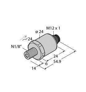 Rysunek techniczny adaptera wtykowego z wymiarami: długość całkowita 54,9 mm, szerokość 24 mm, gwint M12 x 1 oraz N1/8''.
