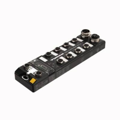 Prostokątny moduł elektroniczny z wieloma złączami i wskaźnikami, stosowany w zastosowaniach przemysłowych.