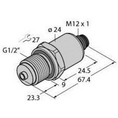 Rysunek techniczny cylindrycznego adaptera z oznaczeniami: 'G1/2"' i 'M12x1', wymiary: Ø24 mm, długość 67,4 mm.