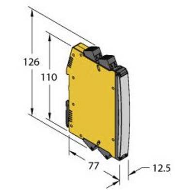 Żółte urządzenie elektroniczne o wymiarach 126 mm x 110 mm x 77 mm x 12,5 mm.