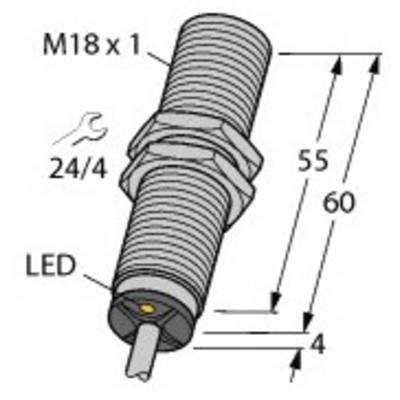 Schematyczny rysunek cylindrycznego czujnika o wymiarach: 60 mm długości, 18 mm średnicy; z wyświetlaczem LED.