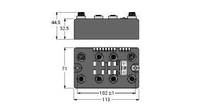 Rysunek techniczny prostokątnego elementu elektronicznego o wymiarach: 44,5 mm x 32,5 mm (góra) oraz 102 mm x 71 mm (dół).