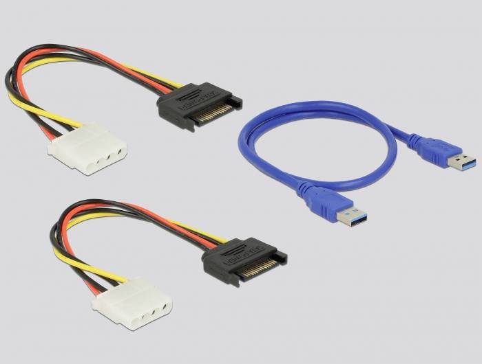 Dwa kable zasilające SATA w kolorach czarnym, czerwonym i żółtym oraz niebieski kabel USB 3.0 z wtyczkami USB-A na szarym tle.