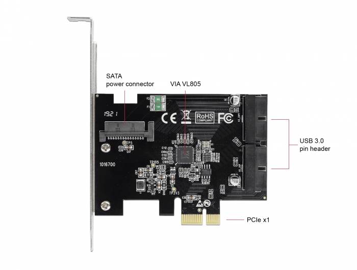 Karta PCIe z chipem VIA VL805, złączem zasilania SATA, złączem Pin-Header USB 3.0, interfejsem PCIe x1. Zgodna z RoHS.