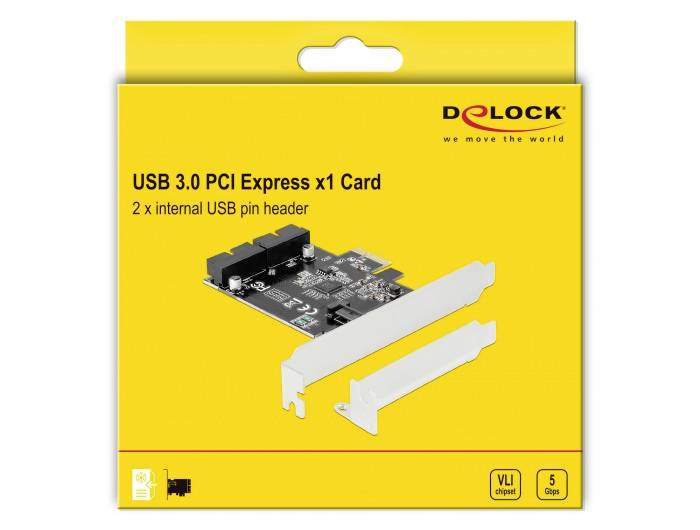 Karta USB 3.0 PCI Express x1 z 2 wewnętrznymi złączami USB Pin Header na żółtym opakowaniu z logo marki.