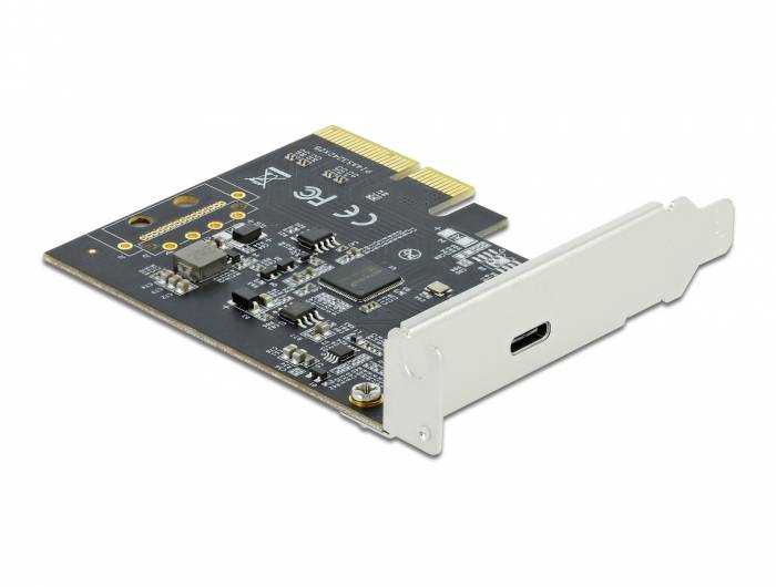 Czarna karta rozszerzeń PCIe z złączem USB-C i złotymi stykami, przeznaczona do montażu na płycie głównej komputera.