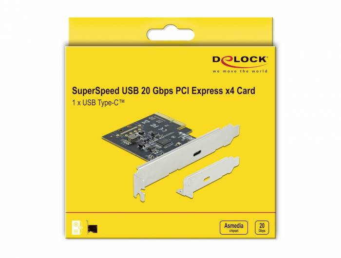 Żółte opakowanie karty 'SuperSpeed USB 20 Gbps PCI Express x4' z gniazdem USB Type-C oraz ilustracją karty.