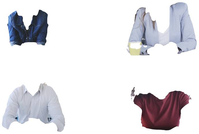 Cztery osoby w różnych koszulach siedzące przy stole. Widoczne są tylko górne partie ciała, twarze są niewidoczne.