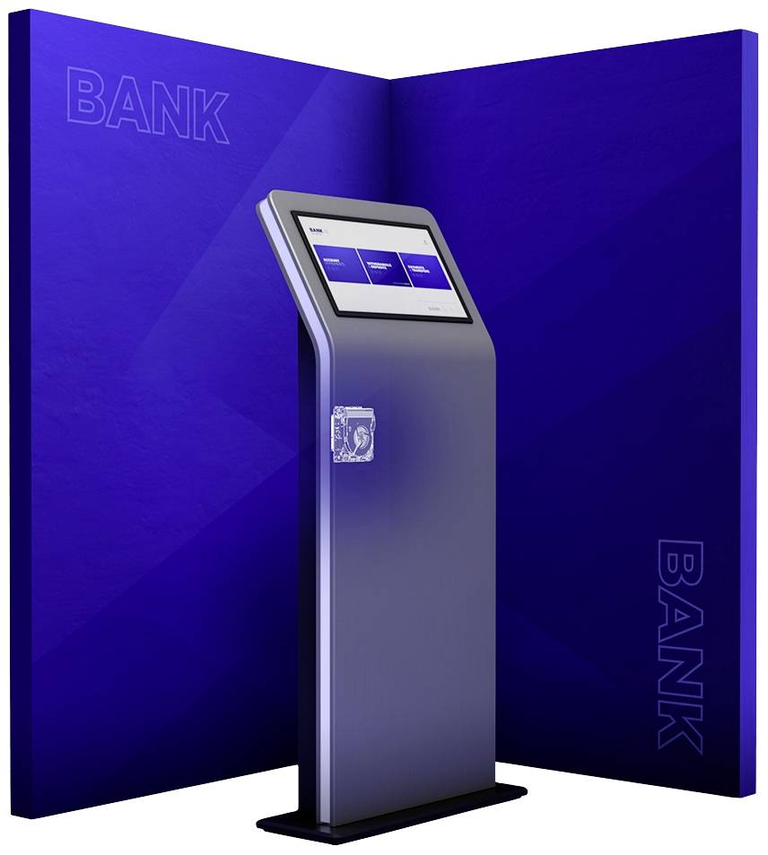 Nowoczesne, niebiesko podświetlone stanowisko bankowe z ekranem dotykowym do obsługi klientów. Po lewej i prawej stronie w tle widnieje napis 'BANK'.