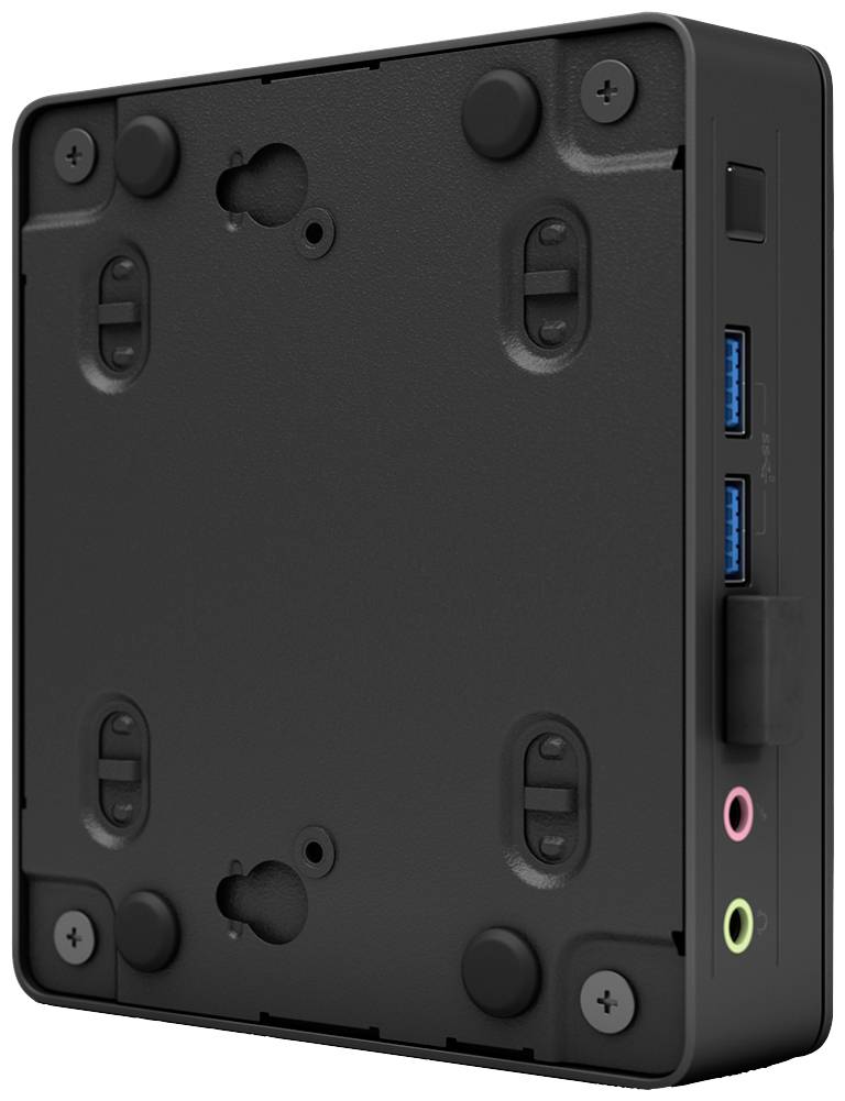 Czarny mini-komputer z wieloma złączami z boku, w tym portami USB i gniazdami audio.