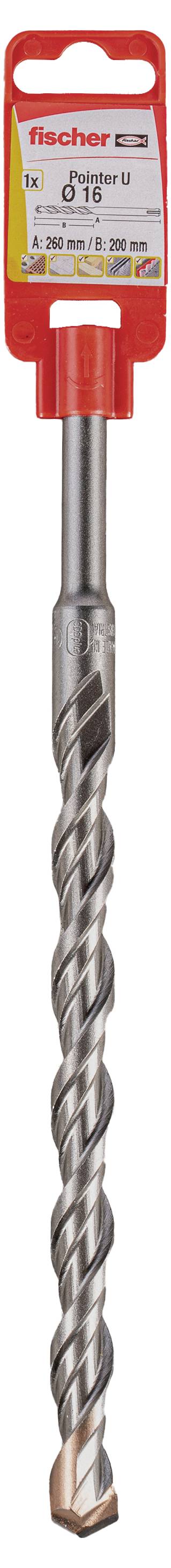 Uchwyt wiertarski o spiralnym kształcie, etykieta wskazuje markę 'fischer' oraz średnicę 18 mm, odpowiedni do wiercenia w betonie.