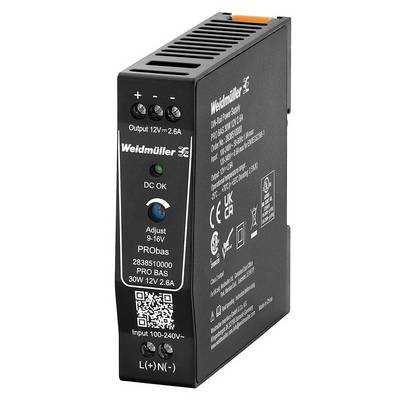 Weidmüller zasilacz PRO 30W, 12V, 2.6A. Czarna obudowa z przyłączami. Oznaczenia: 'Wyjście 12V=2.6A', 'Wejście 100-240V'.