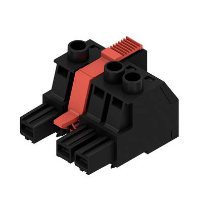 Czarno-czerwony elektryczny system wtykowy z dwoma zaciskami przyłączeniowymi i zintegrowanym mechanizmem blokady, przeznaczony do bezpiecznych połączeń kablowych.