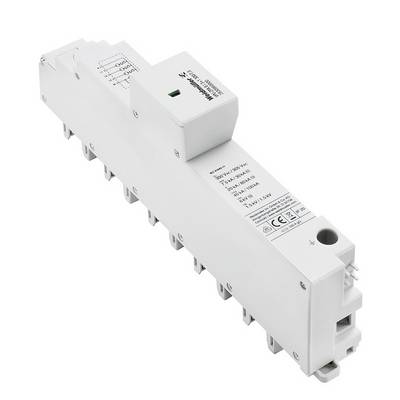 Modularny ogranicznik przepięć do obwodów elektrycznych, w kolorze białym, z oznakowaniem CE i specyfikacją techniczną.
