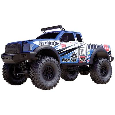Niebieski monster truck z napisem 'Unique style' i '328 violent' na boku. Pojazd posiada ogromne opony i wytrzymałą stylistykę.