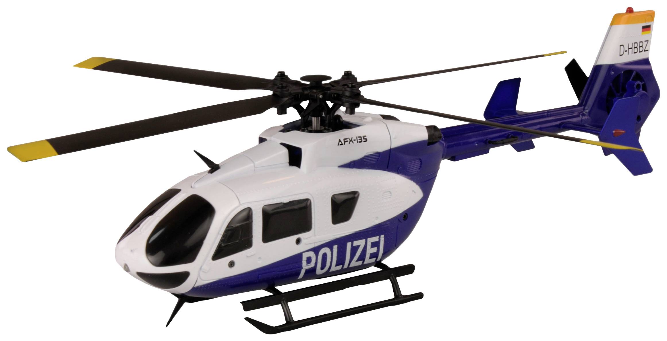 Miniaturowy helikopter policyjny w niebiesko-białym malowaniu z napisem 'POLICJA' na boku.